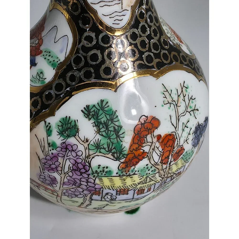 Vintage Hand Painted Porcelain Vase With Scenic Landscapes Gold Detailing